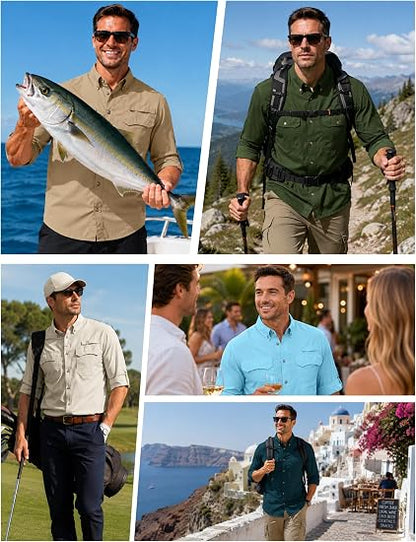 Roadbox Mens Long Sleeve Fishing Shirts, UPF 50+ Sun Protection Button Up