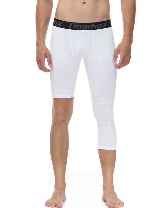 Roadbox Men's One Leg Compression Pants Tights, 3/4 Basketball Leggings, Capri Athletic Sports Base Layer