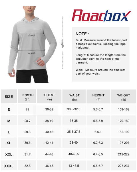 Roadbox Men's Sun Protection Hoodie Fishing Rash Guard Shirts with Secure Zip Pockets Lightweight Long Sleeve UV Shirt for Outdoor Workout, Running, Fishing, Hiking