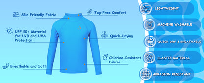 Roadbox Boys UPF 50+ Rash Guard, Swim Shirt Sun Protection Long Sleeve for Kids, Toddler Rashguard Athletic Surf Water Shirts