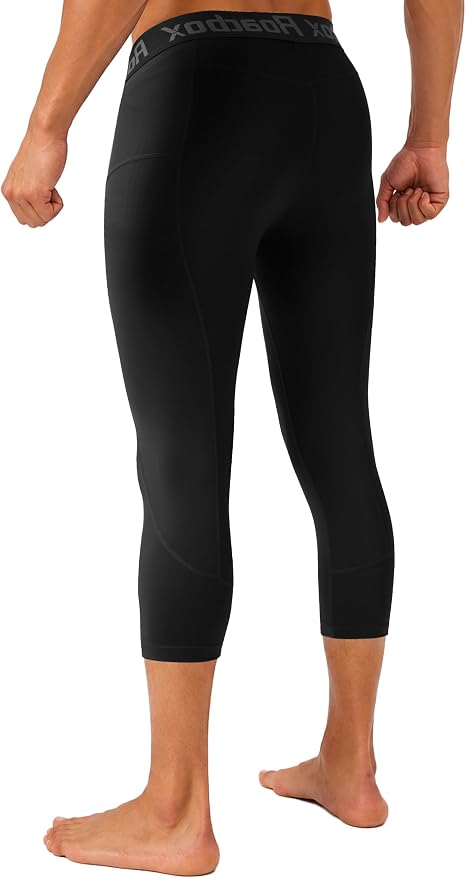 Roadbox Men's 3/4 Compression Pants, Running Workout Tights Leggings