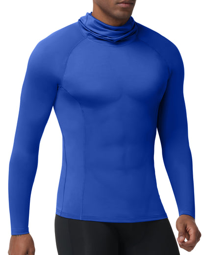 Roadbox Men's Compression Shirt Hoodie with Mask, Long Sleeve Workout Athletic Base Layer, Sports Gym Running Undershirt Top