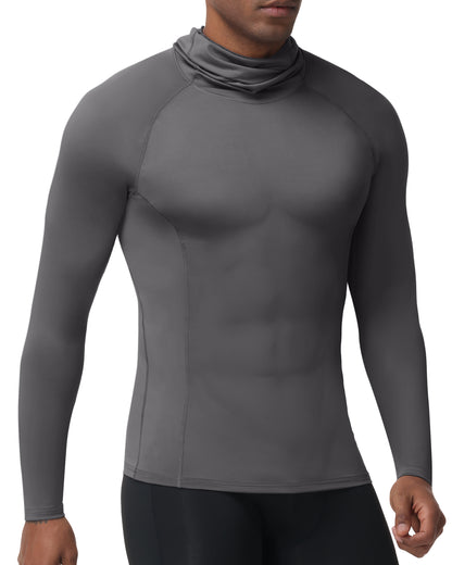 Roadbox Men's Compression Shirt Hoodie with Mask, Long Sleeve Workout Athletic Base Layer, Sports Gym Running Undershirt Top