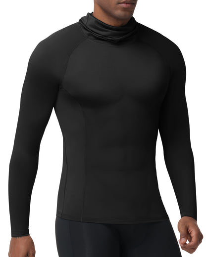 Roadbox Men's Compression Shirt Hoodie with Mask, Long Sleeve Workout Athletic Base Layer, Sports Gym Running Undershirt Top