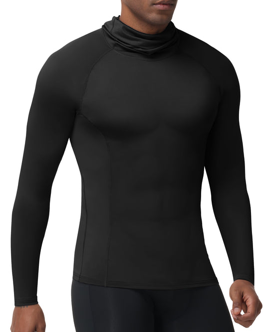 Roadbox Men's Compression Shirt Hoodie with Mask, Long Sleeve Workout Athletic Base Layer, Sports Gym Running Undershirt Top