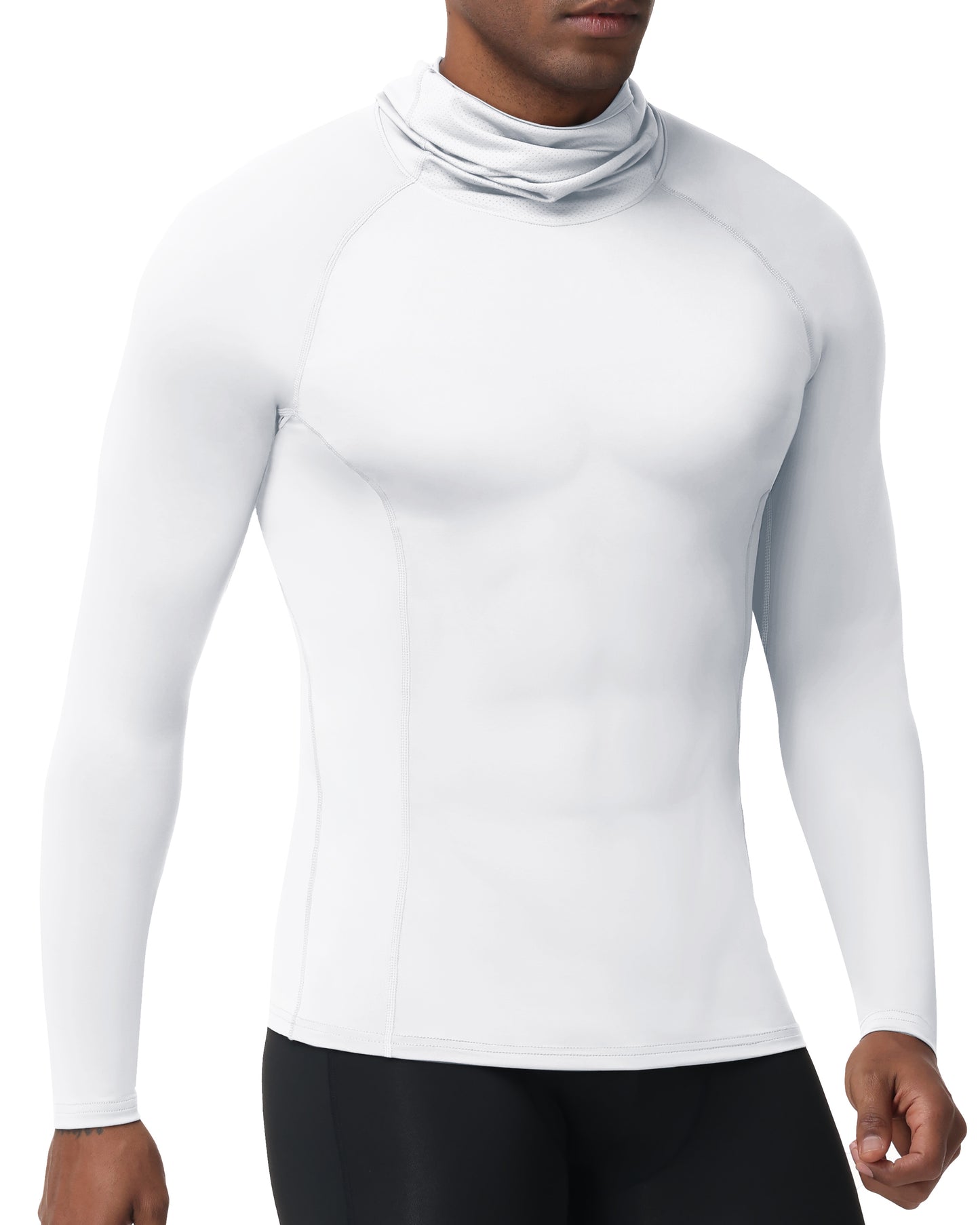 Roadbox Men's Compression Shirt Hoodie with Mask, Long Sleeve Workout Athletic Base Layer, Sports Gym Running Undershirt Top