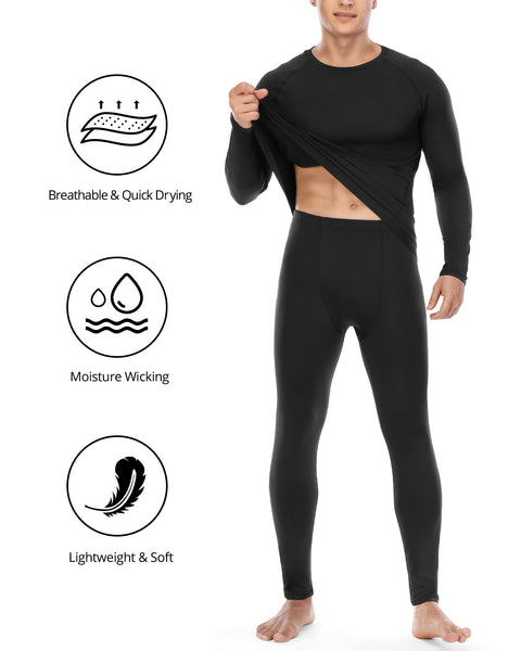 Roadbox Thermal Underwear for Men Fleece Lined Long Johns Winter Warm Base Layer Tops and Bottoms Set for Skiing Cold Weather Black