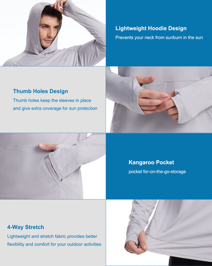 Roadbox Men's UPF 50+ Sun Hoodie Shirts, UV Protection Fishing Shirt with Pocket, Swim Hiking Rash Guard Long Sleeve Hoodies