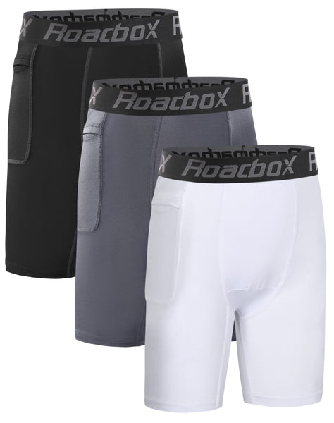 Roadbox Youth Boys Compression Shorts - Performance Athletic Base Layers Workout Running Shorts for Boys, Kids Compression Underwear with Side Pockets