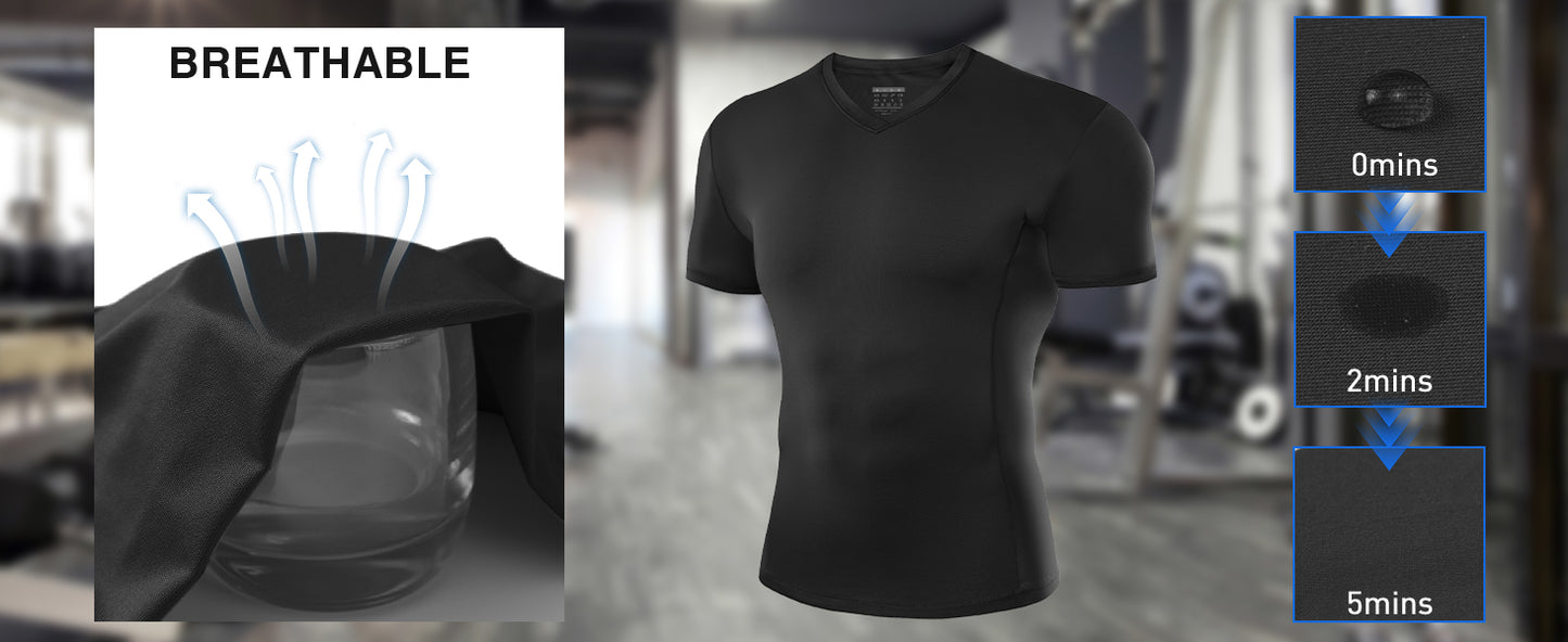 Roadbox Mens Compression Shirt Short Sleeve, V-Neck Gym Running Sports T-Shirt, Cool Dry Athletic Base Layer Undershirts