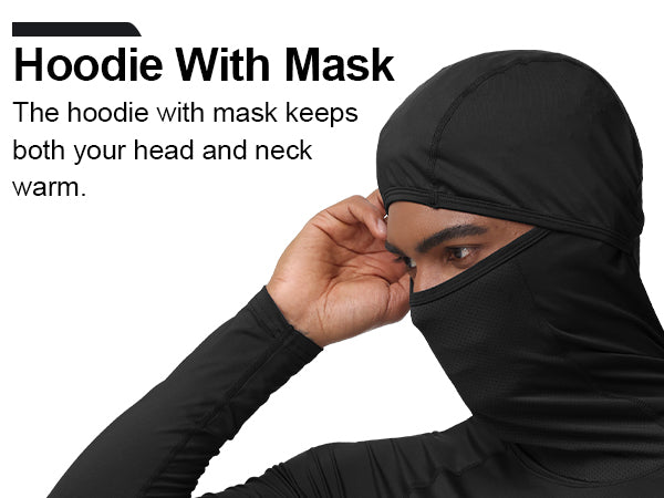 Roadbox Men's Compression Shirt Hoodie with Mask, Long Sleeve Workout Athletic Base Layer, Sports Gym Running Undershirt Top