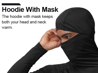 Roadbox Men's Compression Shirt Hoodie with Mask, Long Sleeve Workout Athletic Base Layer, Sports Gym Running Undershirt Top
