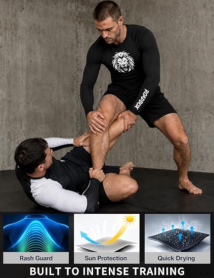 Roadbox Men's BJJ Rash Guard Long Sleeve, UPF 50+ Jiu Jitsu Compression Base Layer Shirts for MMA No Gi Surfing Swim