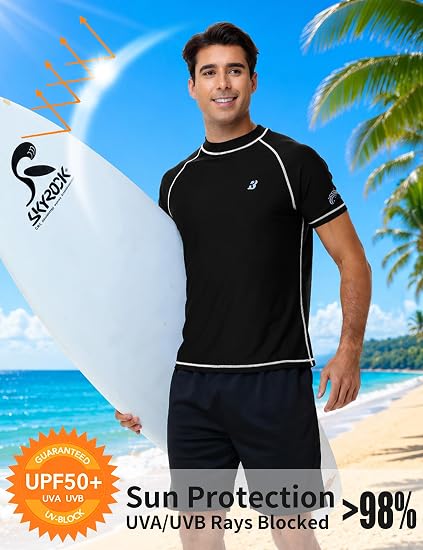 Roadbox Swim Shirts for Men, UPF 50+ Short Sleeve Rash Guard, UV Sun Protection Quick Dry Water T-Shirt for Surfing and Beach