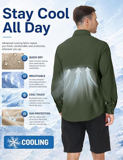 Roadbox Mens Long Sleeve Fishing Shirts, UPF 50+ Sun Protection Button Up