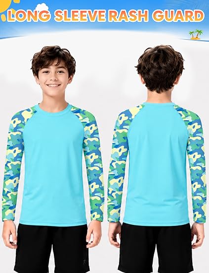 Roadbox Boys' Rash Guard Long Sleeve, UPF 50+ Toddler Kids Youth Swim Shirt