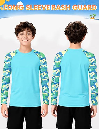 Roadbox Boys' Rash Guard Long Sleeve, UPF 50+ Toddler Kids Youth Swim Shirt