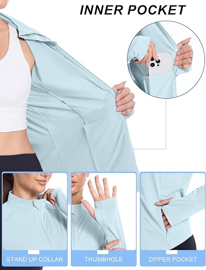 Roadbox Women's UPF 50+ Lightweight Athletic Jackets, Zip Up Long Sleeve Sun UV Protection Shirts for Workout Running Hiking