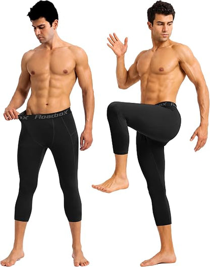 Roadbox Men's 3/4 Compression Pants, Running Workout Tights Leggings