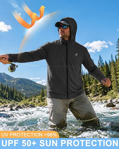 Roadbox Men's UPF 50+ Zip Up Sun Hoodie, UV Protection Lightweight Jacket