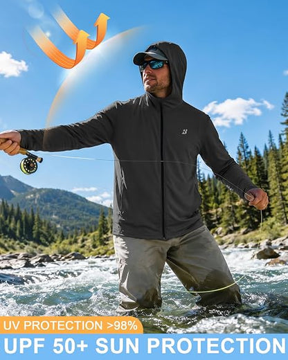 Roadbox Men's UPF 50+ Zip Up Sun Hoodie, UV Protection Lightweight Jacket