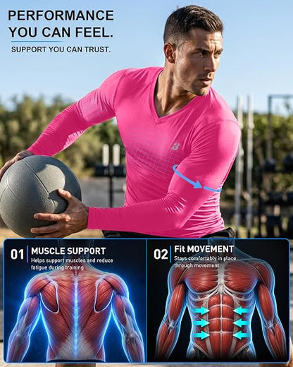 Roadbox Men's V-Neck Compression Shirts, Long Sleeve Athletic Undershirts