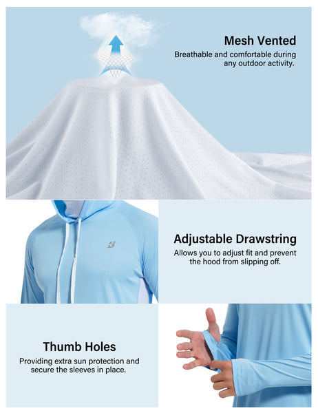Roadbox Men's UPF 50+ Sun Protection Hoodie Shirt with Mask - Performance Outdoor Mesh Sides Long Sleeve Athletic Driving Rash Guard Shirts