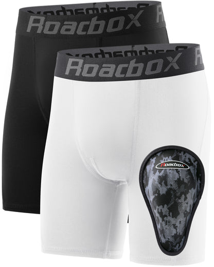 Roadbox Youth Boys Compression Shorts, Kids Spandex Underwear with Protective Cup, Athletic Base Layers for Baseball Football