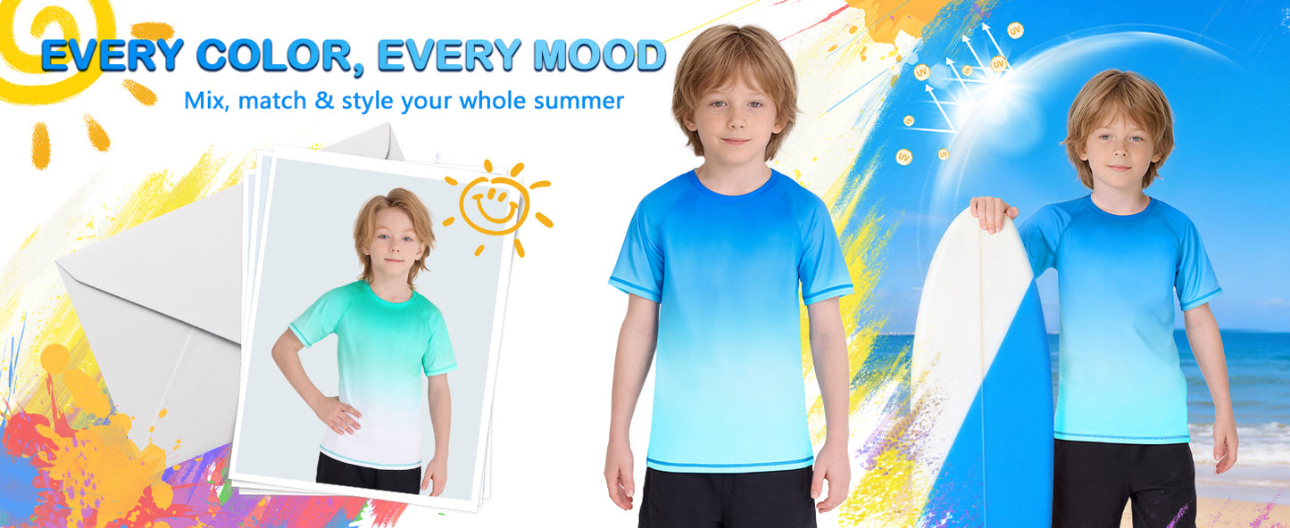 Roadbox Boys Rash Guard Short Sleeve, Swim Shirt UPF 50+ Sun Protection, Quick Dry Kids Rashguard Water Shirt for Surf Beach