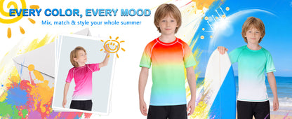 Roadbox Boys Rash Guard Short Sleeve, Swim Shirt UPF 50+ Sun Protection, Quick Dry Kids Rashguard Water Shirt for Surf Beach