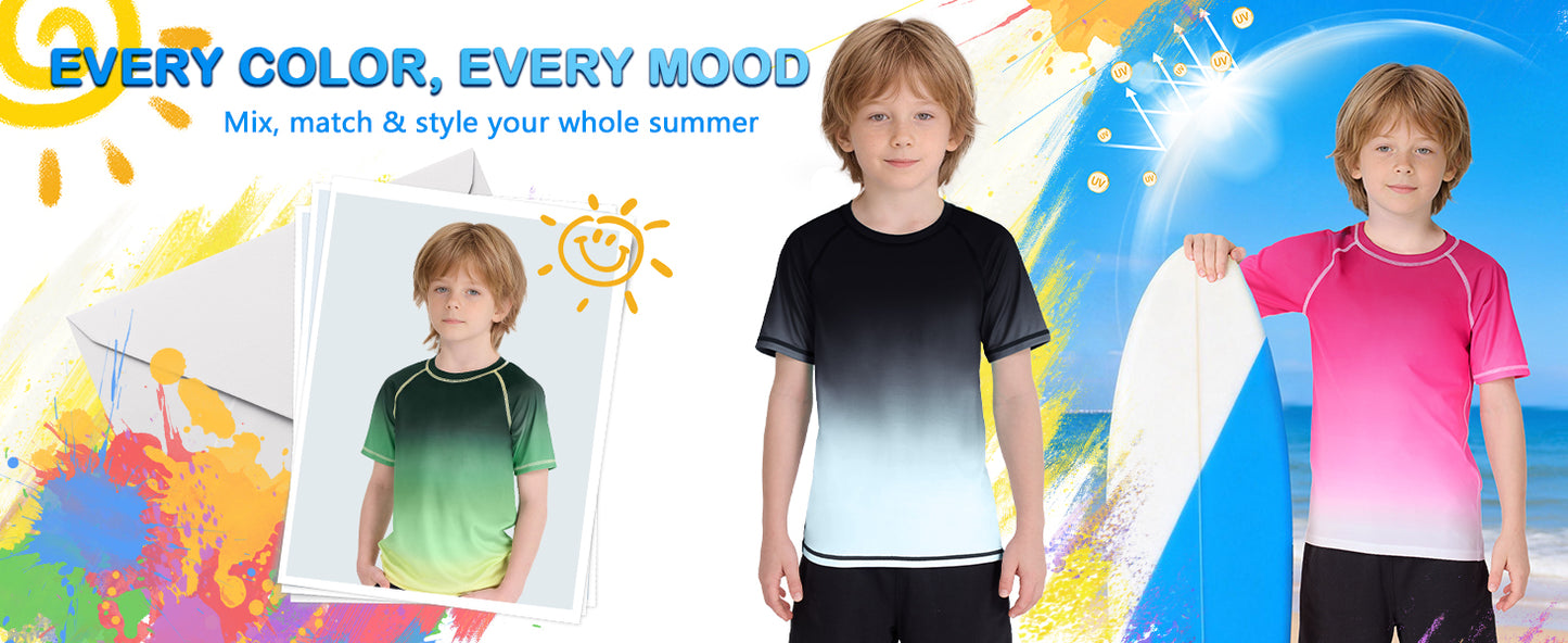 Roadbox Boys Rash Guard Short Sleeve, Swim Shirt UPF 50+ Sun Protection, Quick Dry Kids Rashguard Water Shirt for Surf Beach