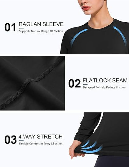 Roadbox Women's Compression Shirt Long Sleeve, Quick Dry Athletic Base Layer Tops, UPF 50+ Running Workout Underscrub Shirts