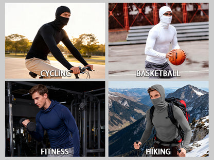 Roadbox Men's Compression Shirt Hoodie with Mask, Long Sleeve Workout Athletic Base Layer, Sports Gym Running Undershirt Top