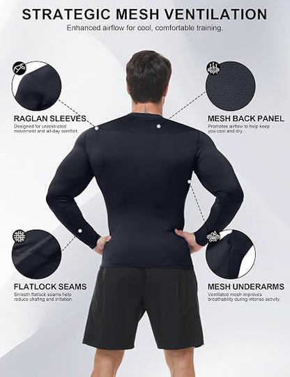 Roadbox Men's Compression Shirts Long Sleeve, UPF 50+ Base Layer Undershirts, Cool Dry Workout Gym Tops for Running Football