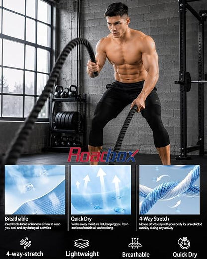Roadbox Men's 3/4 Compression Pants, Running Workout Tights Leggings
