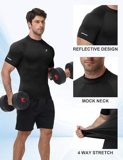 Roadbox Men's Mock Turtleneck Compression Shirt Short Sleeve Base Layer