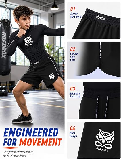 Roadbox Kids BJJ Boxing Shorts, Boys Jiu Jitsu Shorts for No-Gi Grappling