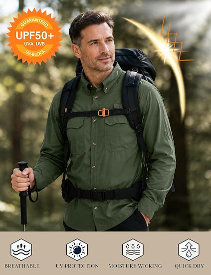 Roadbox Mens Long Sleeve Fishing Shirts, UPF 50+ Sun Protection Button Up