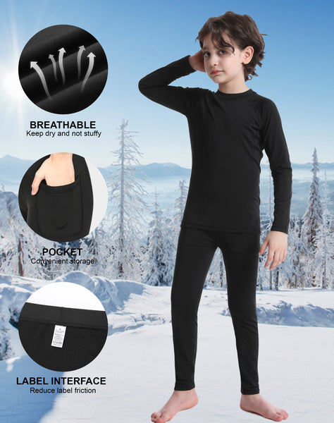Roadbox Youth Thermal Underwear Sets - Fleece Lined Base Layer Top & Bottoms Soft Underwears for Cycling Black