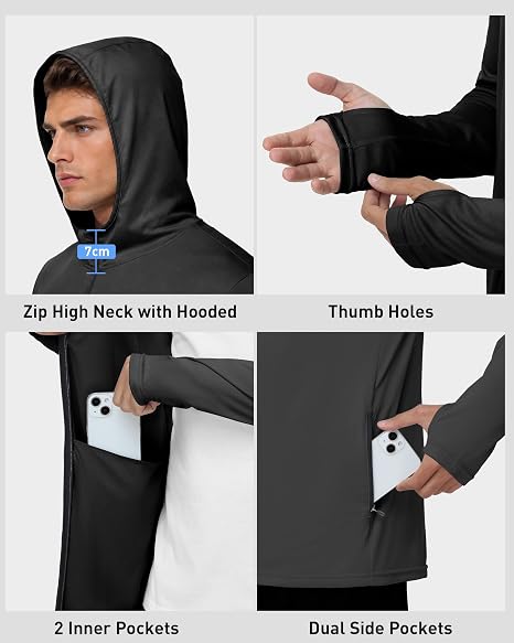 Roadbox Men's UPF 50+ Zip Up Sun Hoodie, UV Protection Lightweight Jacket