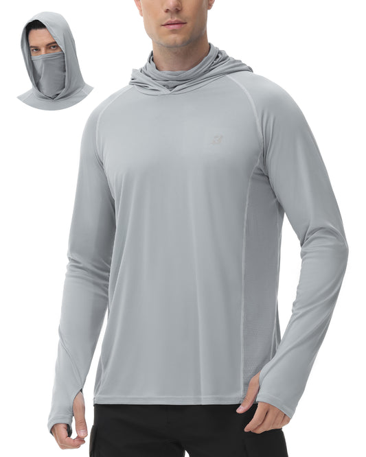 Roadbox Men's Long Sleeve Hoodie - UPF 50+ UV Protection Peformance Thumbholes Hooded Shirts with Face Mask for Fishing Hiking Workout