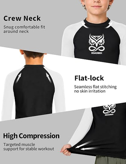 Roadbox Boys BJJ Rash Guard Long Sleeve, Jiu Jitsu No Gi Compression Shirt