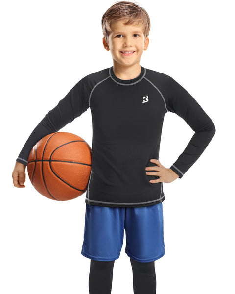 Roadbox Youth Boys Compression Shirt - Long Sleeve Kid's Football Baselayer,Quick Dry Undershirts for Sports Soccer Black