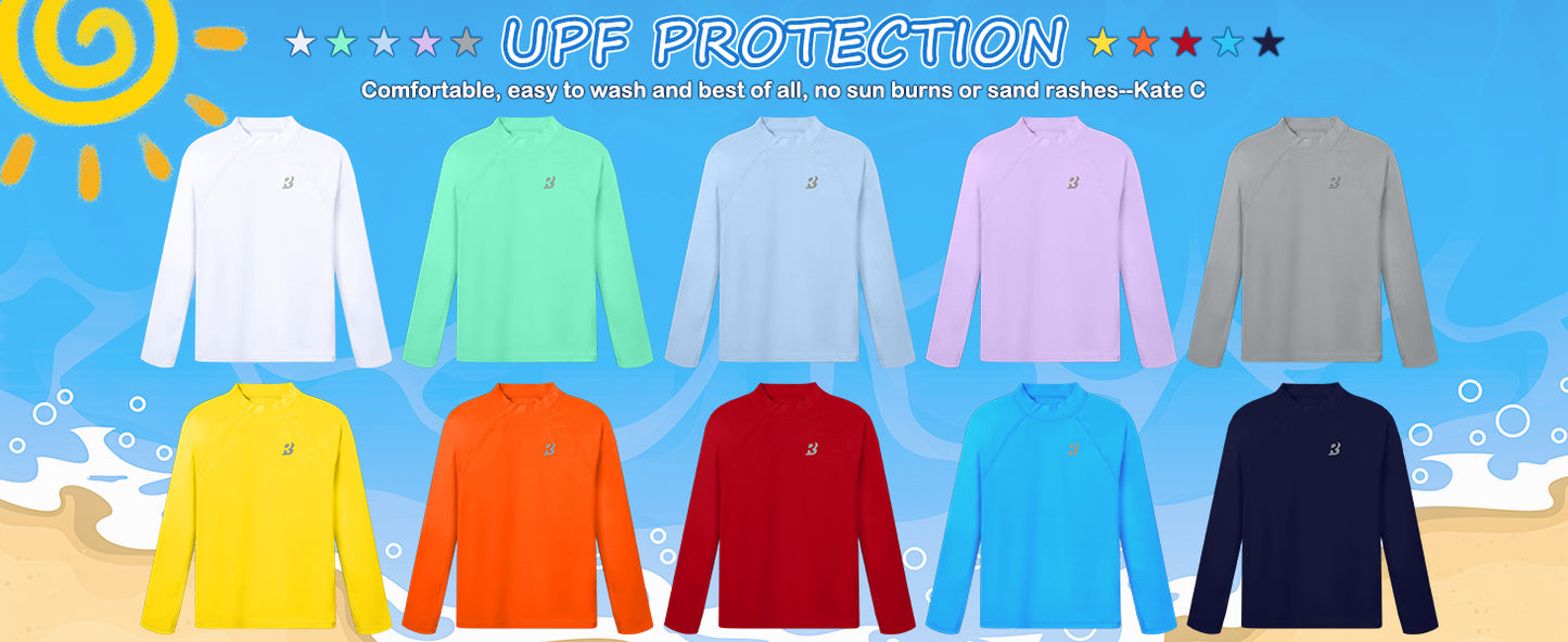 Roadbox Boys UPF 50+ Rash Guard, Swim Shirt Sun Protection Long Sleeve for Kids, Toddler Rashguard Athletic Surf Water Shirts