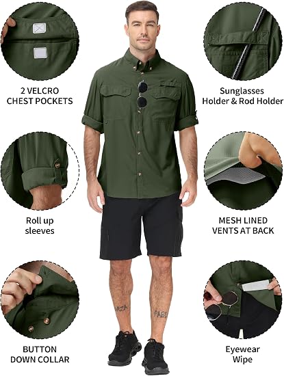 Roadbox Mens Long Sleeve Fishing Shirts, UPF 50+ Sun Protection Button Up