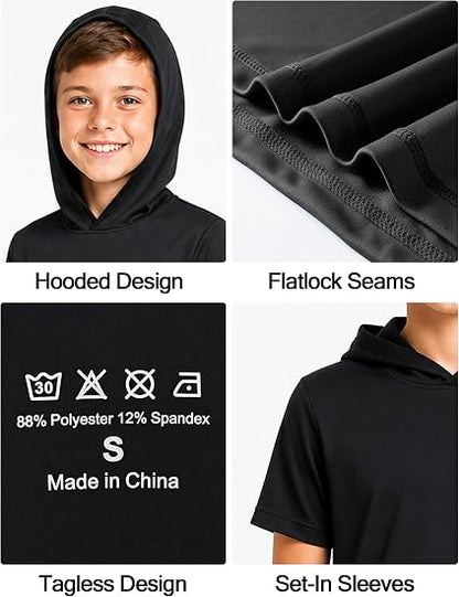 Roadbox Boys Short Sleeve Hoodie, Youth Lightweight Athletic Hooded T Shirt