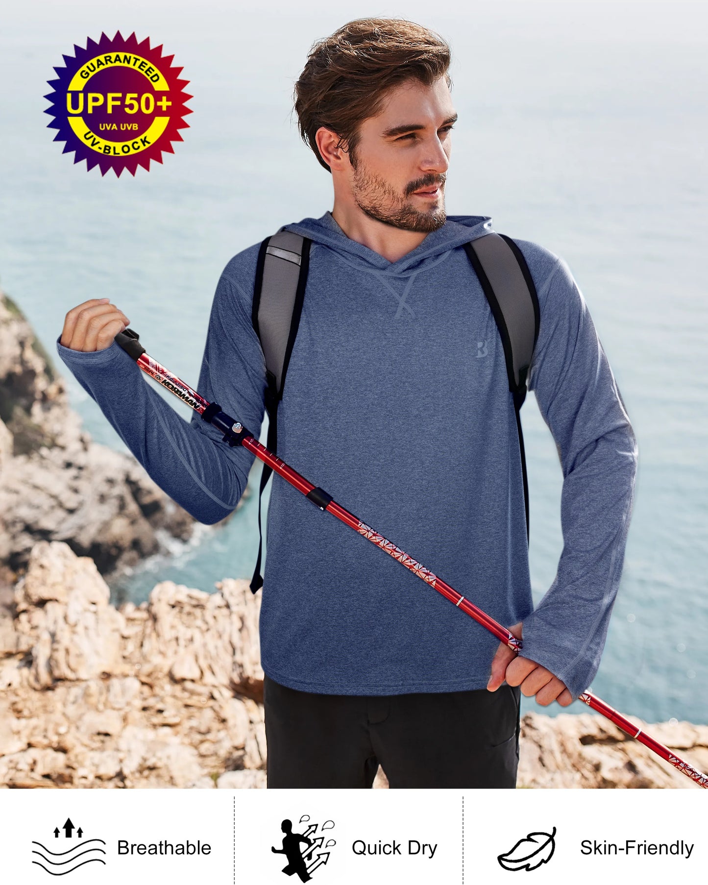Roadbox Mens Long Sleeve Sun Shirts, 2 Pack UPF 50+ UV Protection Hoodie Shirt for Fishing Hiking Running Workout Swim