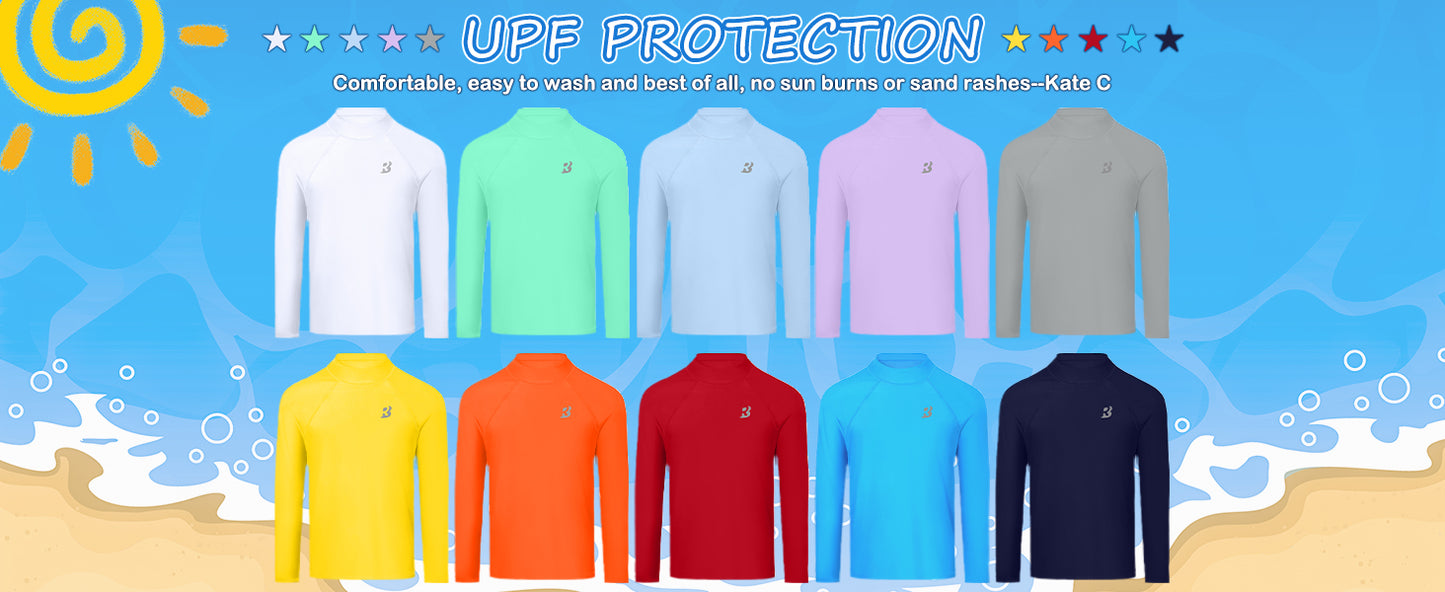 Roadbox Boys UPF 50+ Rash Guard, Swim Shirt Sun Protection Long Sleeve for Kids, Toddler Rashguard Athletic Surf Water Shirts
