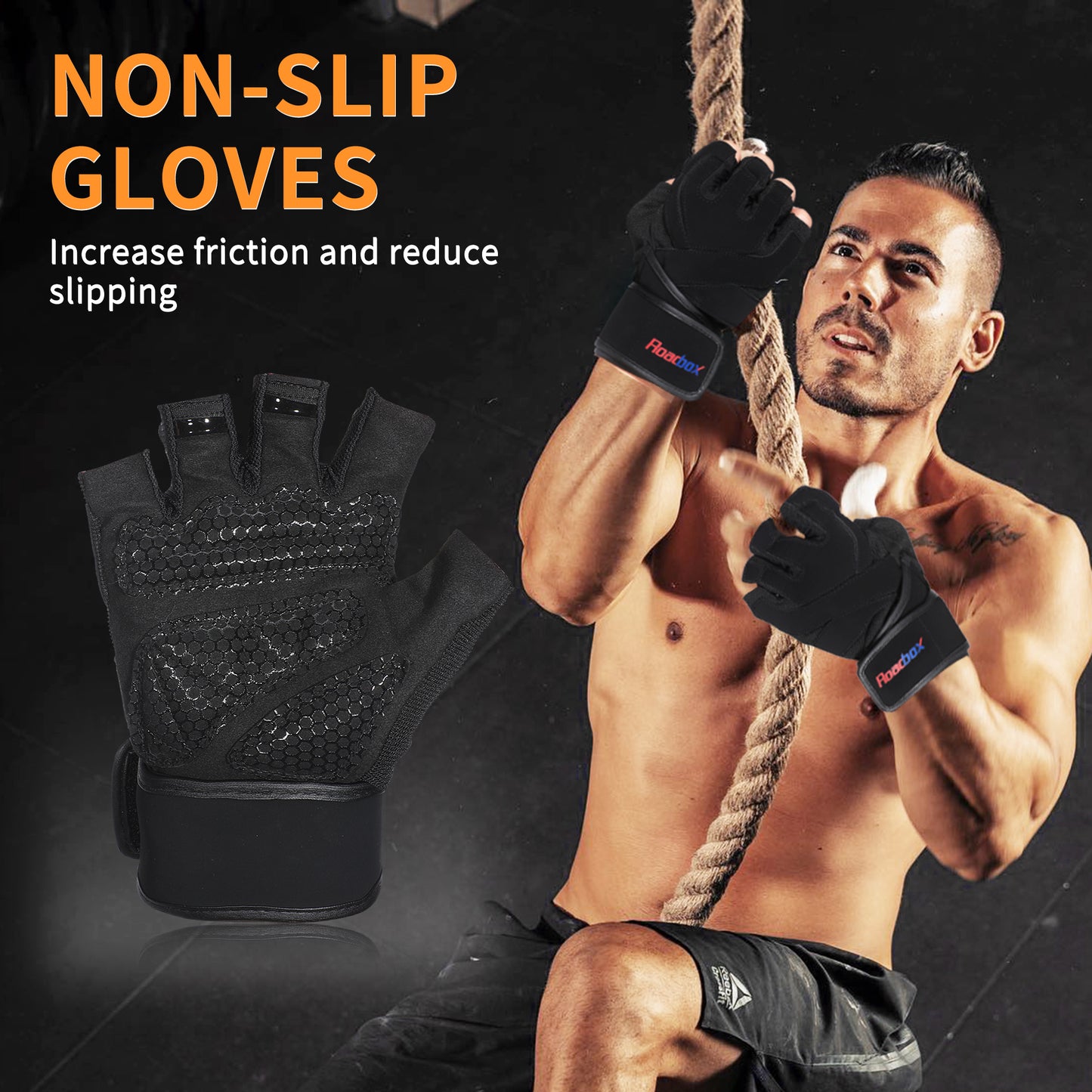 Roadbox Workout Gloves for Men Women - Weight Lifting Gym Execise Padded Anti-Slip Gloves with Extended Wrist Wrap Support