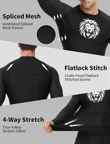 Roadbox Men's BJJ Rash Guard Long Sleeve, UPF 50+ Jiu Jitsu Compression Base Layer Shirts for MMA No Gi Surfing Swim